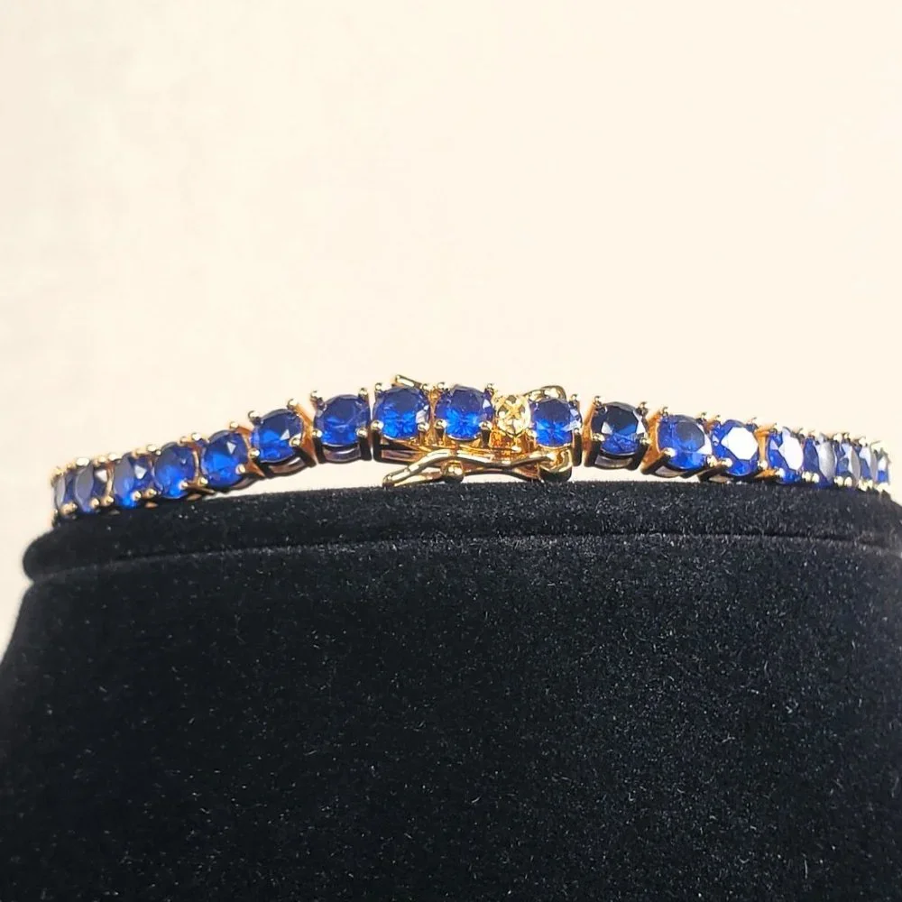 14K Gold Womens 2ct Blue Sapphire Gemstone Tennis Bracelet 14 K Silver Jewelry - Picture 4 of 7